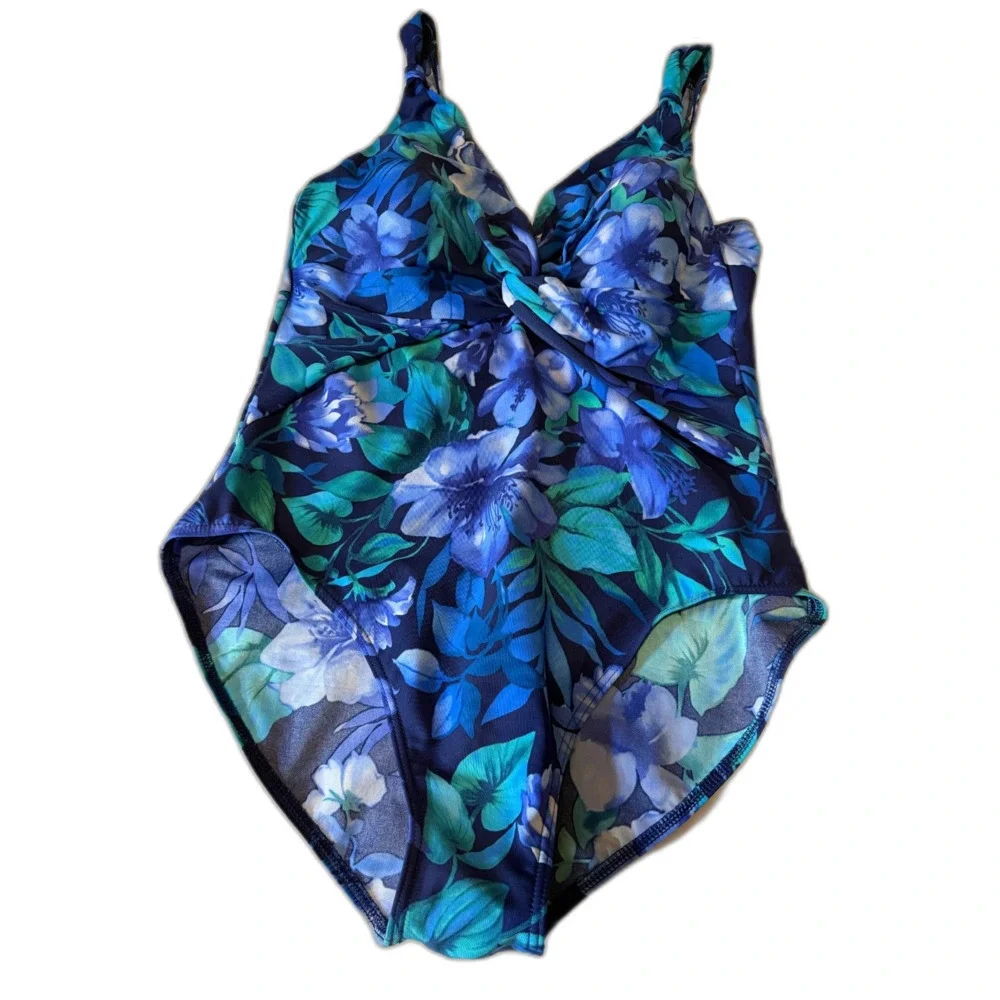 Miraclesuit Swimsuit Blue Floral Padded Sz 18